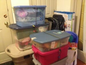 My pile of gear, tagged and ready to go to my first sale event.