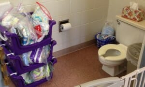 As the sizable cache of spare diapers in the Tadpole bathroom suggests, for Essie and her classmates this past year, toilet-training is definitely a work in progress.