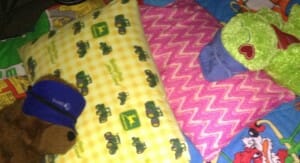 At bedtime, the girls found their eyemasks waiting on their stuffed-animal friends.