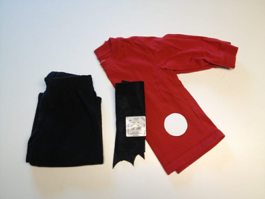 All you need to generate your very own ladybug costume for Halloween is a pair of black pants, a red top, some black felt or fabric, and a circle pattern. Make 18-24 circles and baste them on the top, and your costume is set. A black pipe-cleaner (for antennae) attached to a headband or (red or black hat) is a nice finishing touch.