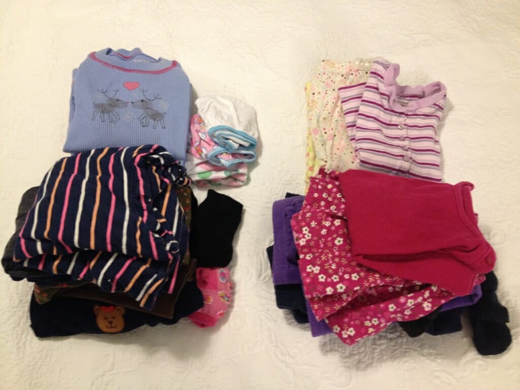 For my next trip with the girls, Kimmie will be wearing navy and brown, and Essie will be in hot pink and purple. The extra set of PJs I packed for each of them (something we still need to do in case of midnight accidents or upset tummies) will double as long underwear for outside play in below-freezing temps.