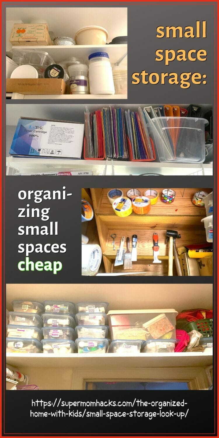 Overhead shelves are my favorite small space storage hack, and make for easy DIY organizing small spaces cheap. 