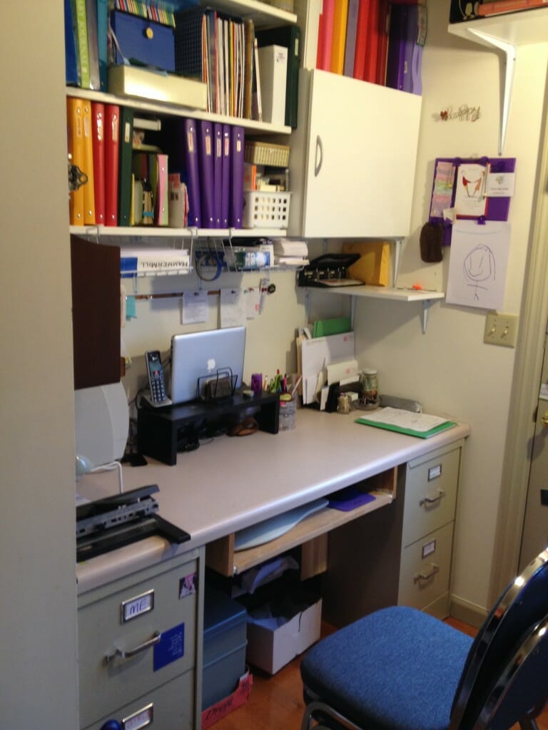 After adding a new cubby-with-door plus shelves, file cabinets, and countertop recycled from my old condo, we have a functional home office with lots of storage.