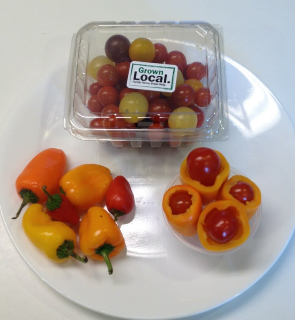 Locally-grown cherry tomatoes plus locally-grown mini sweet peppers = a lunchbox fave my girls dubbed "ice cream cones." Apparently, these two veggies are way more fun to eat when you stuff the tomato inside of the pepper, after you slice its end off and remove the seeds.