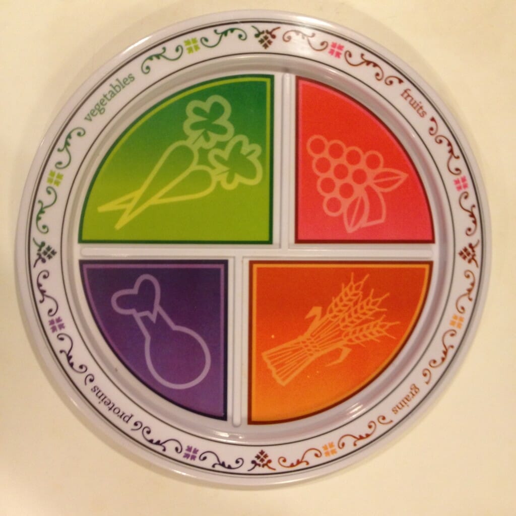 I found this divided MyPlate plate by Fresh Baby at a yard sale. It visually teaches your kids about a healthy diet, while cueing kiddos and grownups alike on portion control and balanced meals.