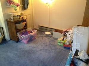 The corner of our basement where consignment stuff lives - notice the clear floor space!