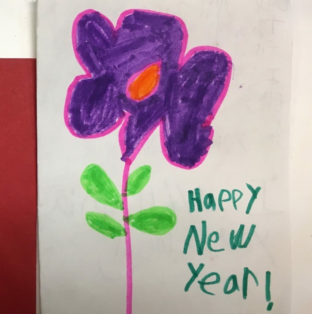 Kimmie made a Happy New Year card for her homeroom teacher, Mr. Hellag.